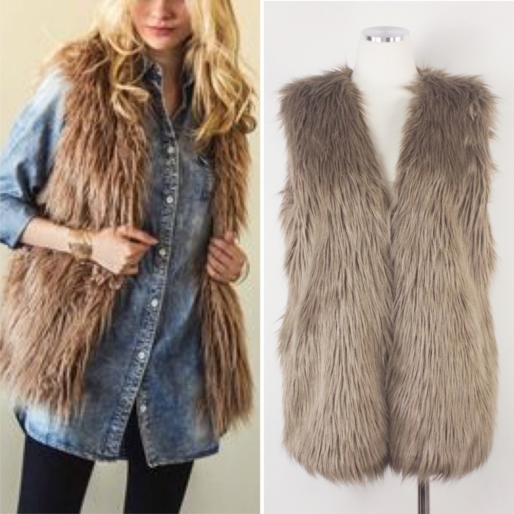 Long Hair Faux Fur Sheen Brown Taupe Vest Boho M L - Picture 1 of 8